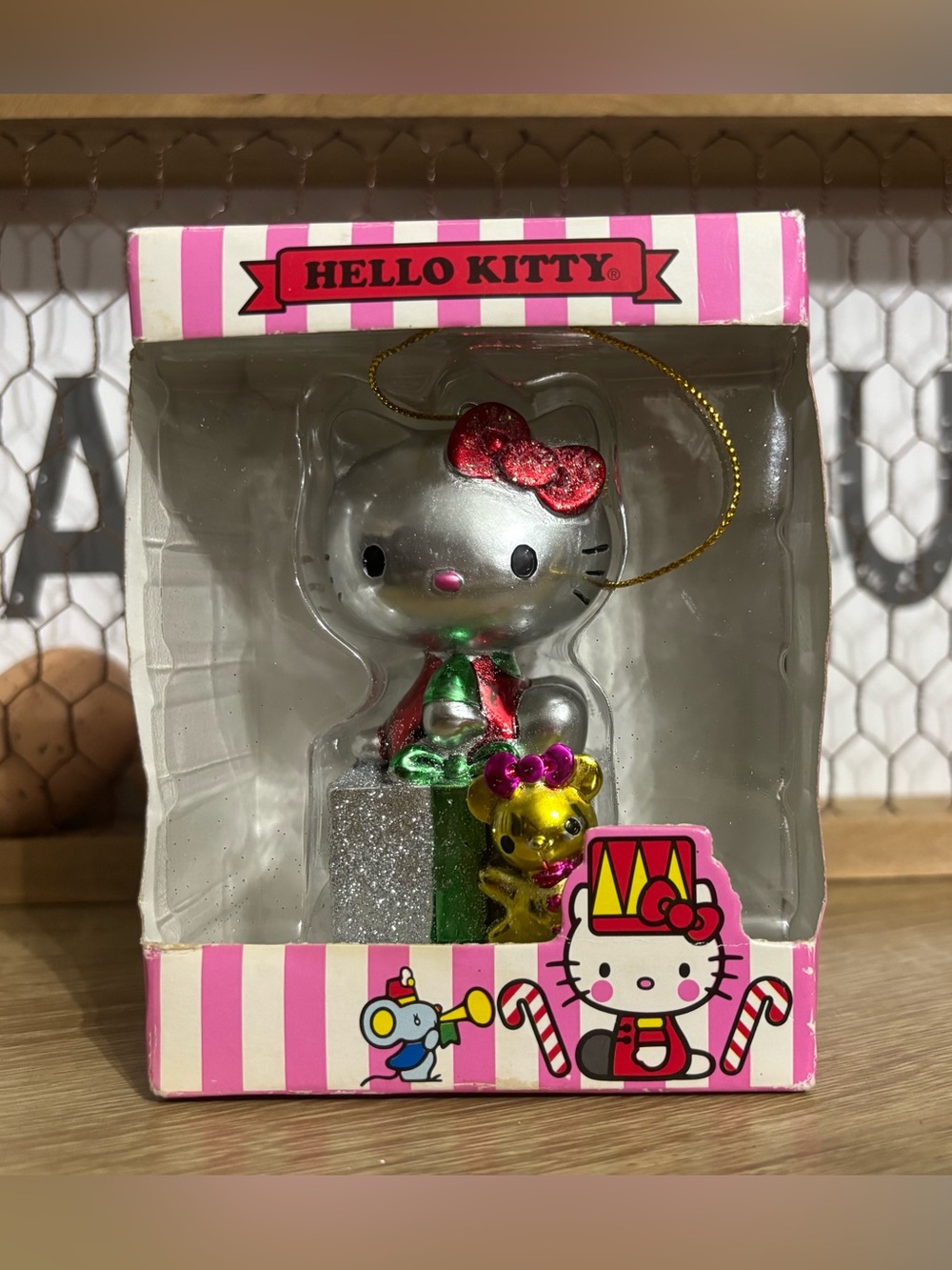 NIB RARE Silver Solid Hello Kitty Glitter Christmas Ornament  w/Teddy